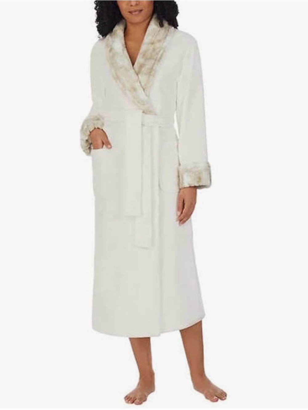 Midnight by Carole Hochman Cream Plush Robe with Faux-Fur Trim